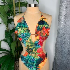 Colorful tropic bathing suit w/Neon pink Mesh Shaw